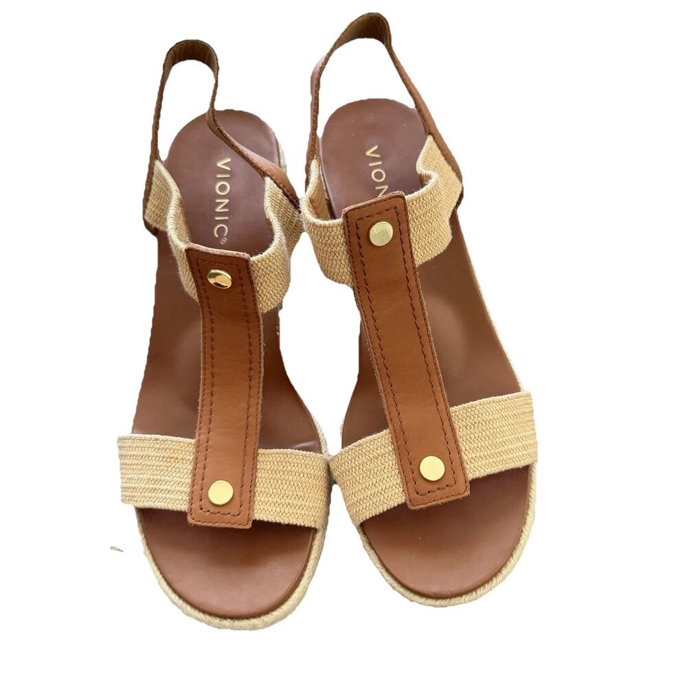 Vionic Calera Wedge Espadrille Sandal Camel Brown Leather Sz 9.5 Strappy Comfy - Picture 2 of 6